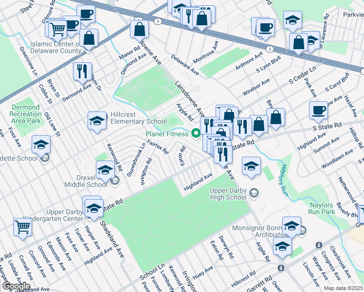 map of restaurants, bars, coffee shops, grocery stores, and more near 869 Windermere Avenue in Drexel Hill