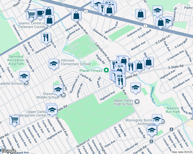 map of restaurants, bars, coffee shops, grocery stores, and more near 869 Windermere Avenue in Drexel Hill