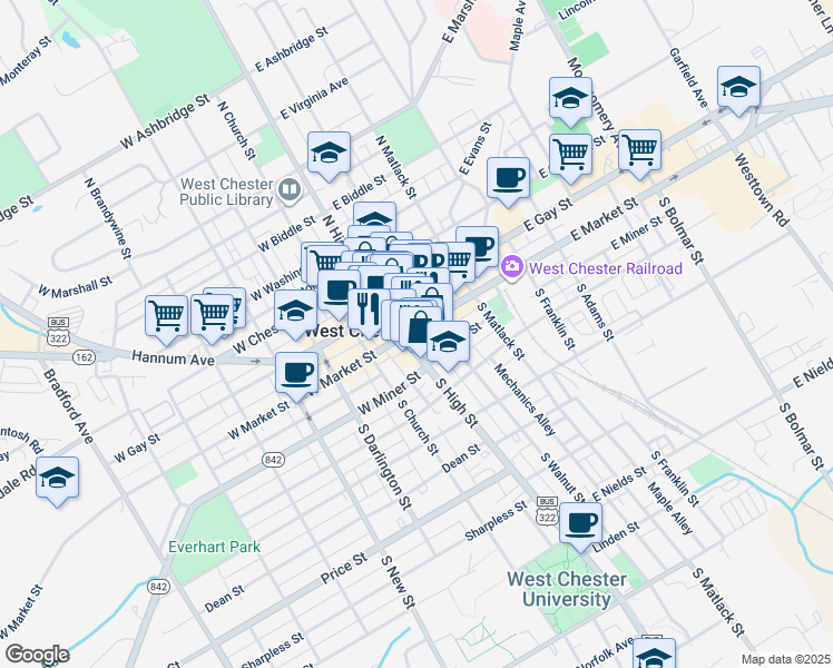 map of restaurants, bars, coffee shops, grocery stores, and more near 5 North High Street in West Chester