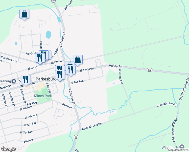 map of restaurants, bars, coffee shops, grocery stores, and more near 105 East 2nd Avenue in Parkesburg