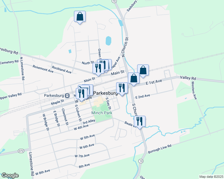 map of restaurants, bars, coffee shops, grocery stores, and more near in Parkesburg
