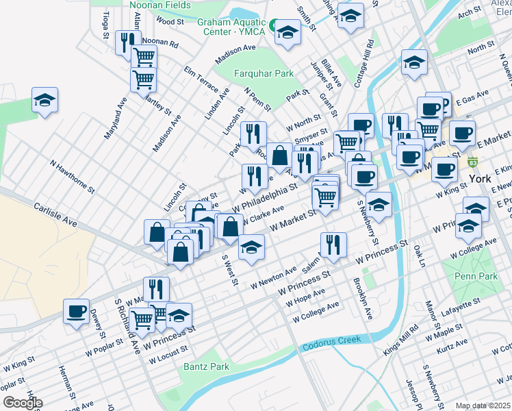 map of restaurants, bars, coffee shops, grocery stores, and more near 513 West Philadelphia Street in York