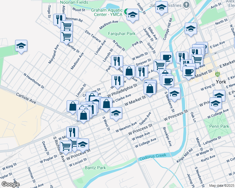 map of restaurants, bars, coffee shops, grocery stores, and more near 513 West Philadelphia Street in York