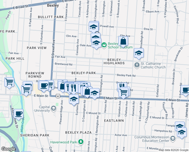 map of restaurants, bars, coffee shops, grocery stores, and more near 2565 Bexley Park Road in Columbus
