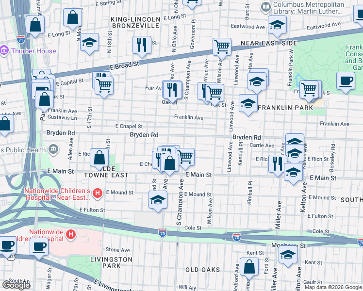 map of restaurants, bars, coffee shops, grocery stores, and more near 277 South Champion Avenue in Columbus