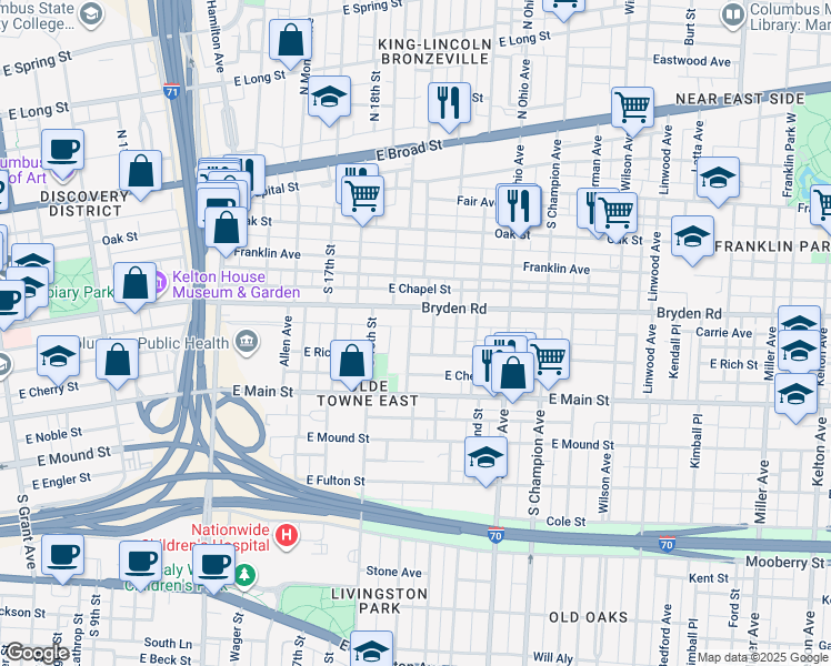 map of restaurants, bars, coffee shops, grocery stores, and more near 255 South 20th Street in Columbus