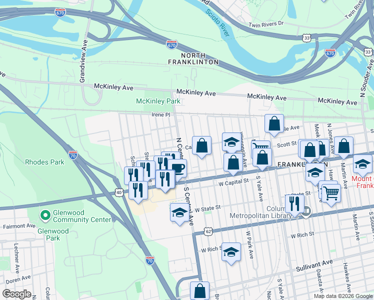 map of restaurants, bars, coffee shops, grocery stores, and more near 108 North Central Avenue in Columbus