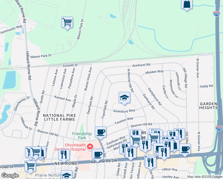 map of restaurants, bars, coffee shops, grocery stores, and more near 390 Topsfield Road in Columbus