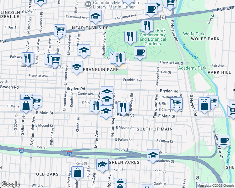 map of restaurants, bars, coffee shops, grocery stores, and more near 1555 Bryden Road in Columbus