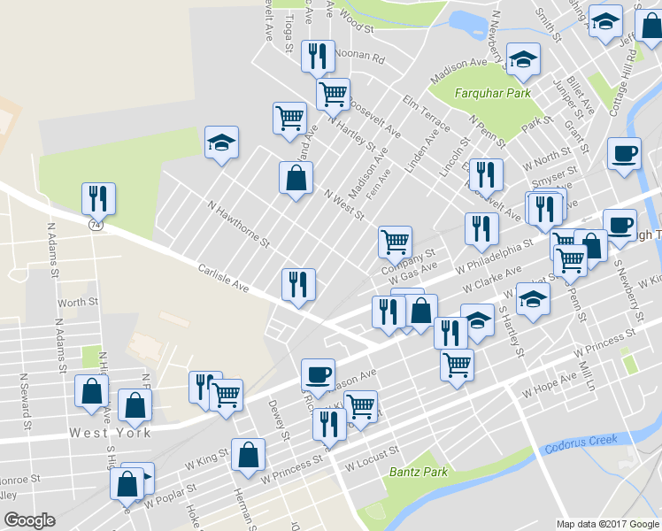 map of restaurants, bars, coffee shops, grocery stores, and more near 717 Linden Avenue in York