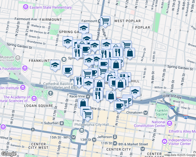map of restaurants, bars, coffee shops, grocery stores, and more near S401 North Broad Street in Philadelphia