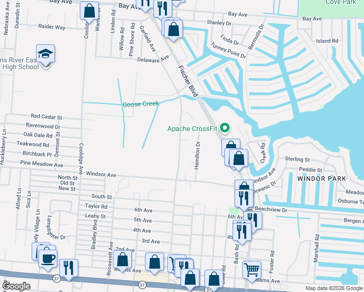 map of restaurants, bars, coffee shops, grocery stores, and more near 641 Garfield Avenue in Toms River