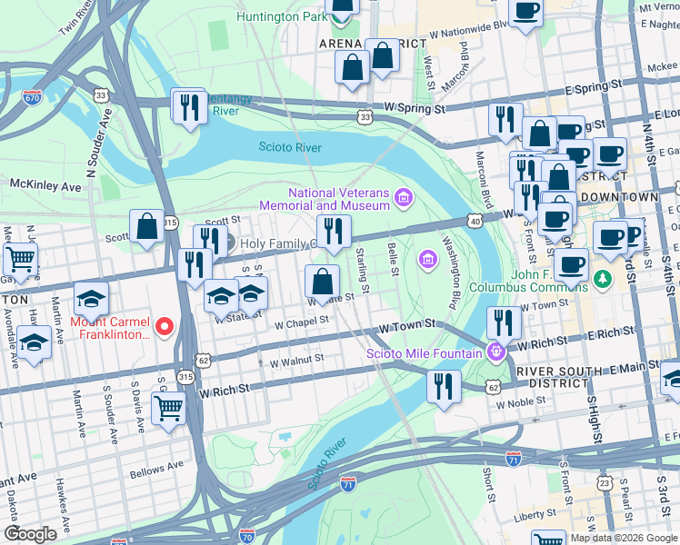 map of restaurants, bars, coffee shops, grocery stores, and more near 397 West Broad Street in Columbus