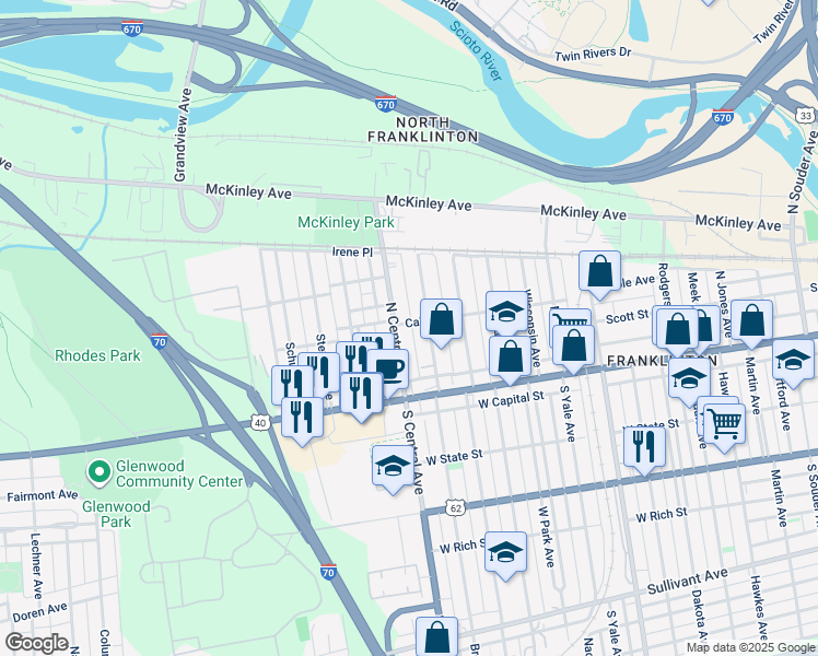 map of restaurants, bars, coffee shops, grocery stores, and more near 108 North Central Avenue in Columbus