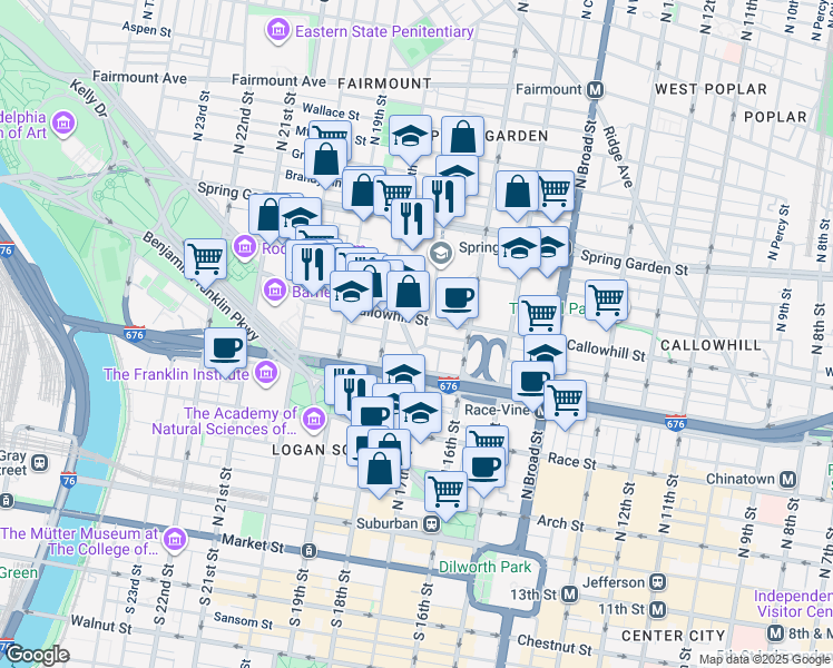 map of restaurants, bars, coffee shops, grocery stores, and more near 1 Franklin Town Boulevard in Philadelphia