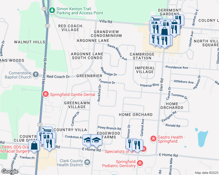 map of restaurants, bars, coffee shops, grocery stores, and more near 813 Torrence Drive in Springfield