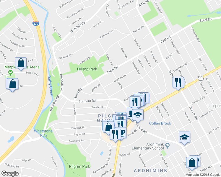 map of restaurants, bars, coffee shops, grocery stores, and more near 1319 Leedom Road in Havertown
