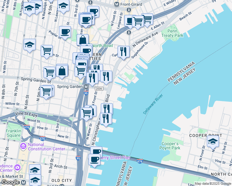 map of restaurants, bars, coffee shops, grocery stores, and more near 31 North Piers in Philadelphia