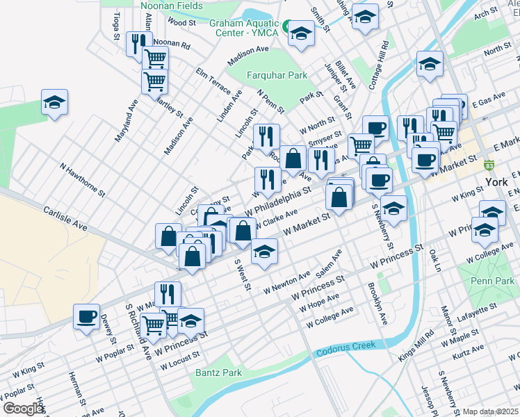 map of restaurants, bars, coffee shops, grocery stores, and more near 513 West Philadelphia Street in York