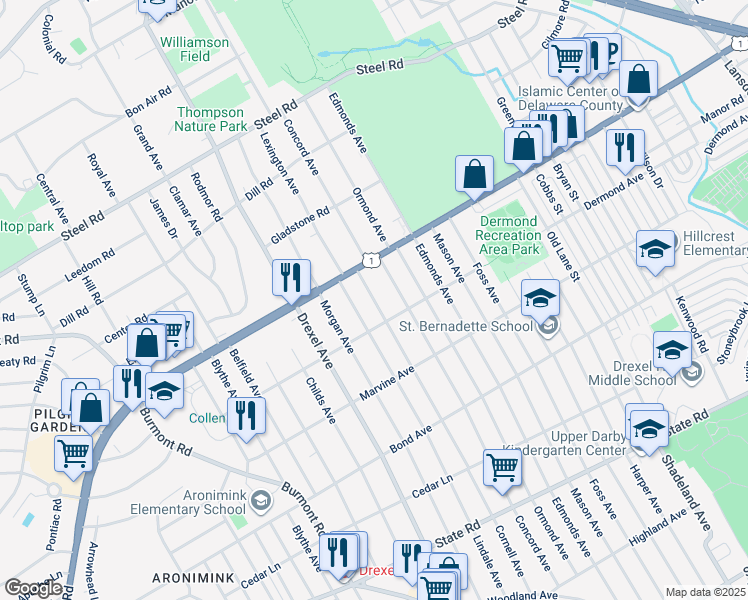 map of restaurants, bars, coffee shops, grocery stores, and more near 1240 Cornell Ave in Drexel Hill