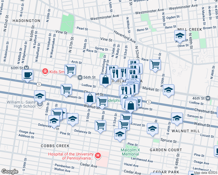 map of restaurants, bars, coffee shops, grocery stores, and more near 21 South 54th Street in Philadelphia