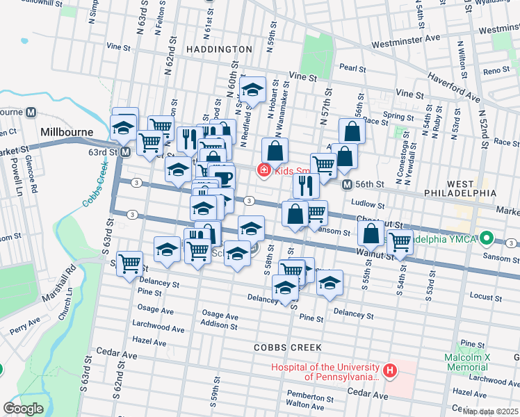 map of restaurants, bars, coffee shops, grocery stores, and more near 5832 Chestnut St in Philadelphia