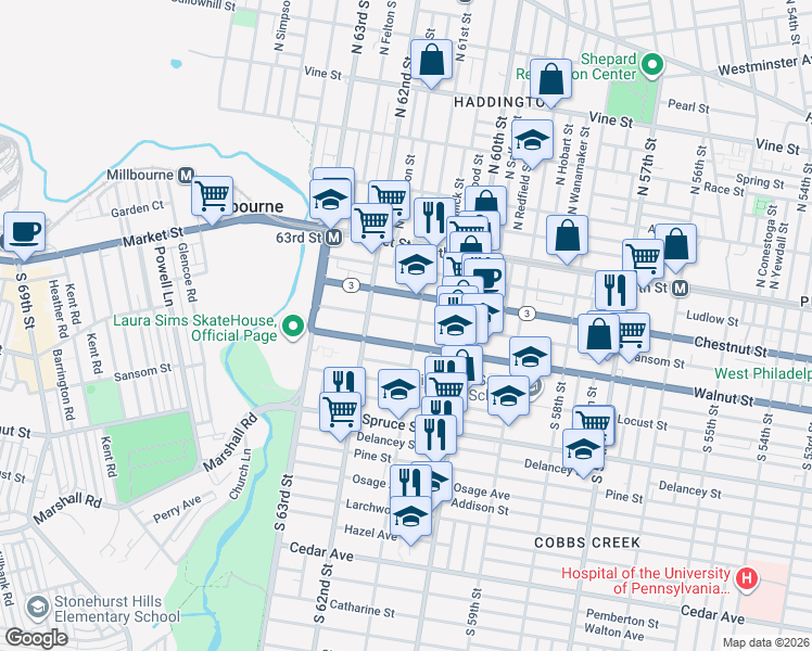 map of restaurants, bars, coffee shops, grocery stores, and more near 127 South 61st Street in Philadelphia