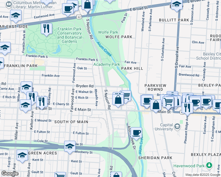map of restaurants, bars, coffee shops, grocery stores, and more near 1961 Bryden Road in Columbus