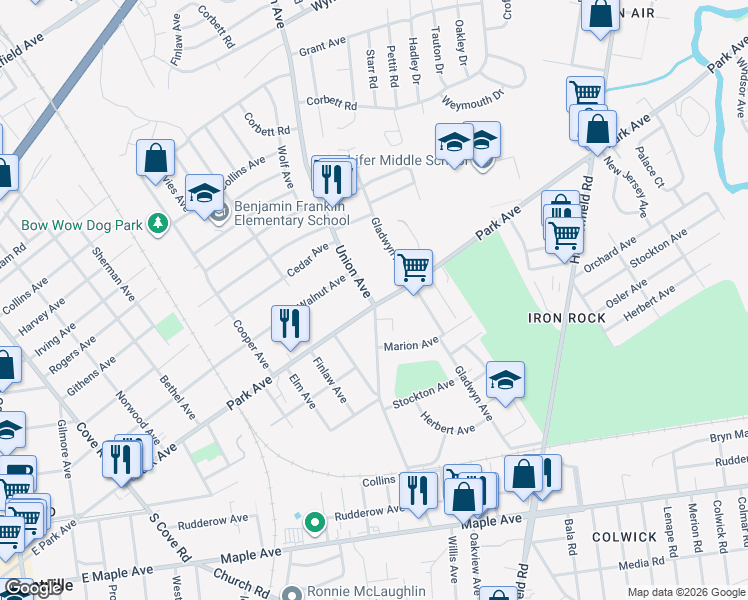 map of restaurants, bars, coffee shops, grocery stores, and more near 7731 Park Avenue in Pennsauken Township