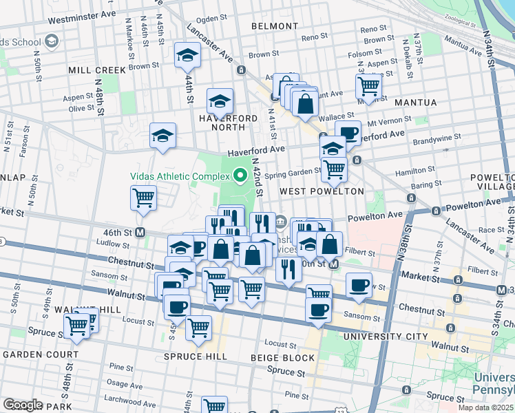map of restaurants, bars, coffee shops, grocery stores, and more near 340 North 42nd Street in Philadelphia