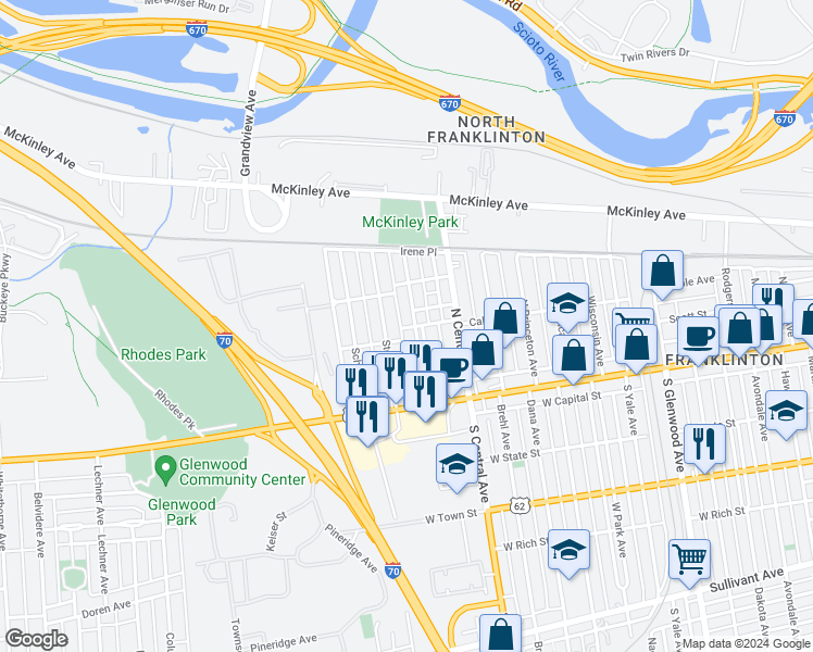 map of restaurants, bars, coffee shops, grocery stores, and more near 115 North Guilford Avenue in Columbus
