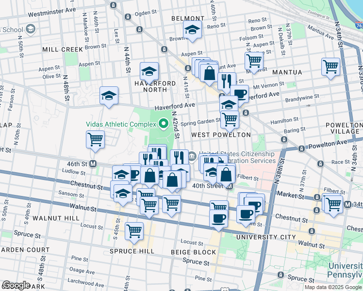 map of restaurants, bars, coffee shops, grocery stores, and more near 4116 Baring Street in Philadelphia