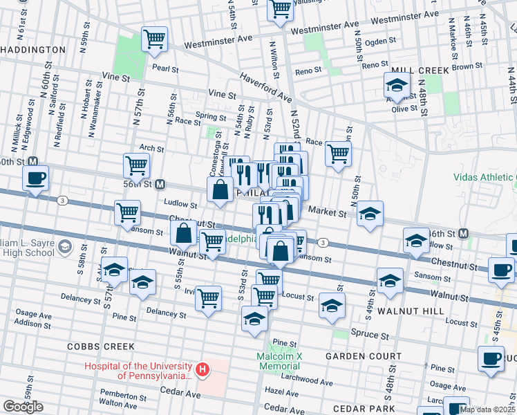 map of restaurants, bars, coffee shops, grocery stores, and more near 7 South 53rd Street in Philadelphia