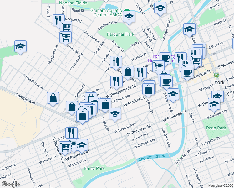 map of restaurants, bars, coffee shops, grocery stores, and more near 517 West Philadelphia Street in York