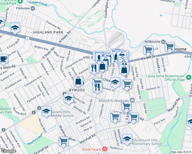 map of restaurants, bars, coffee shops, grocery stores, and more near 130 Garrett Road in Upper Darby