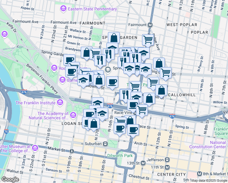 map of restaurants, bars, coffee shops, grocery stores, and more near 1600 Callowhill Street in Philadelphia