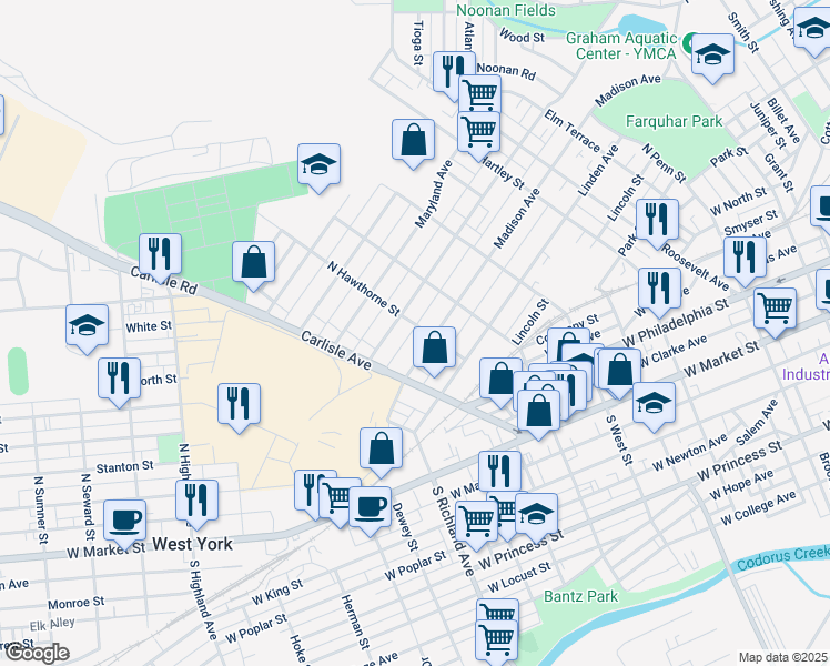 map of restaurants, bars, coffee shops, grocery stores, and more near 422 North Hawthorne Street in York