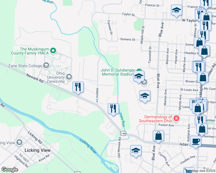 map of restaurants, bars, coffee shops, grocery stores, and more near 1830 Adams Lane in Zanesville