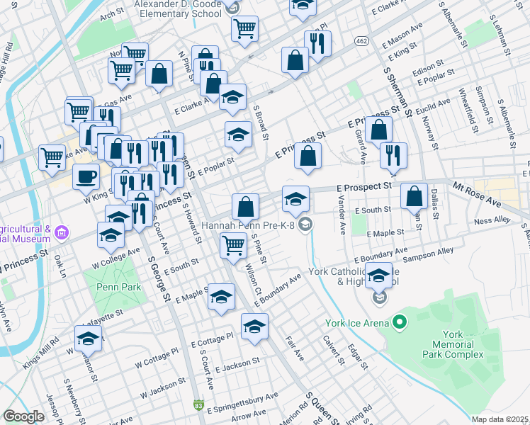 map of restaurants, bars, coffee shops, grocery stores, and more near 333 Liberty Court in York