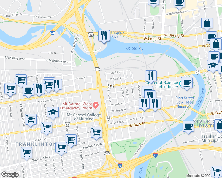 map of restaurants, bars, coffee shops, grocery stores, and more near 635 West Broad Street in Columbus