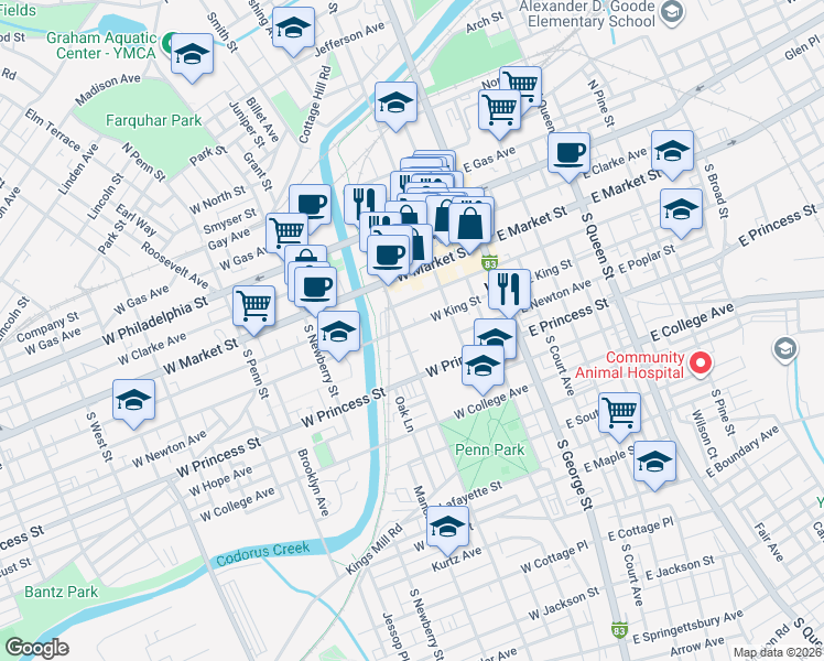 map of restaurants, bars, coffee shops, grocery stores, and more near 54 South Pershing Avenue in York