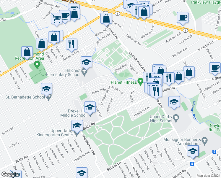 map of restaurants, bars, coffee shops, grocery stores, and more near 2504 Stoneybrook Lane in Upper Darby