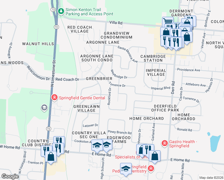 map of restaurants, bars, coffee shops, grocery stores, and more near 2820 Rockford Drive in Springfield