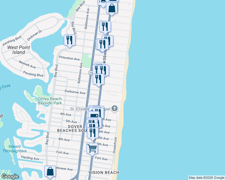 map of restaurants, bars, coffee shops, grocery stores, and more near 7 Dover Avenue in Lavallette
