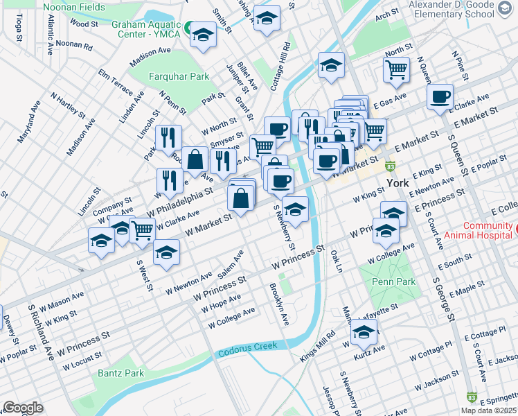 map of restaurants, bars, coffee shops, grocery stores, and more near 334 West Market Street in York