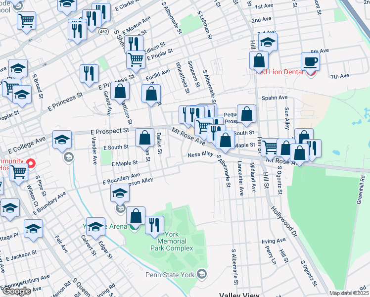 map of restaurants, bars, coffee shops, grocery stores, and more near 1006-1/2 Mount Rose Avenue in York