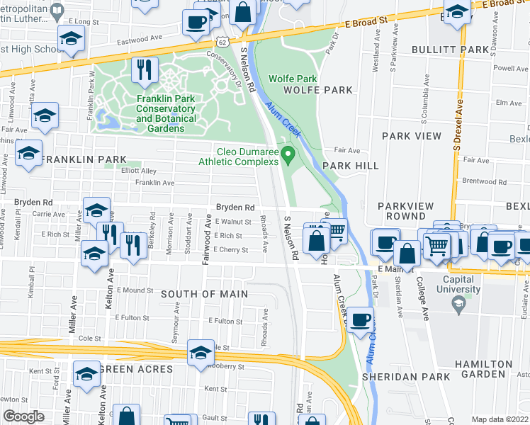 map of restaurants, bars, coffee shops, grocery stores, and more near 1863 Bryden Road in Columbus