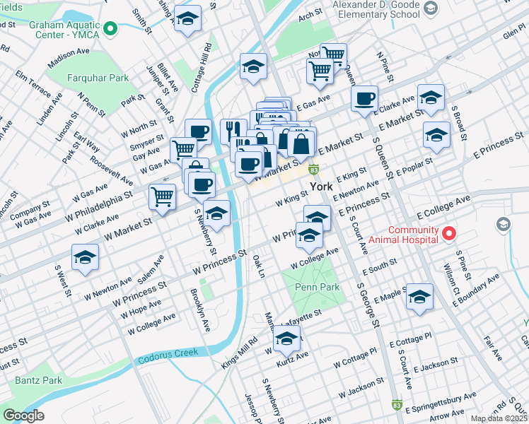 map of restaurants, bars, coffee shops, grocery stores, and more near 152 West King Street in York