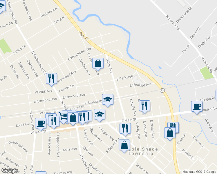 map of restaurants, bars, coffee shops, grocery stores, and more near 307 East Linwood Avenue in Maple Shade