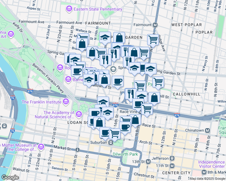 map of restaurants, bars, coffee shops, grocery stores, and more near 1666 Callowhill Street in Philadelphia